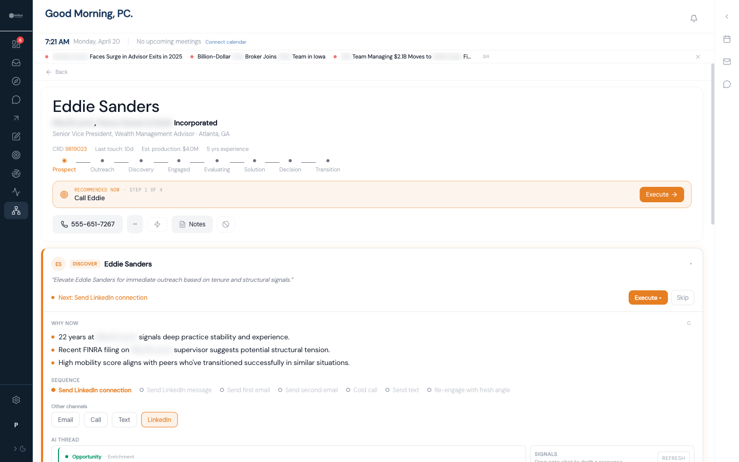 Advisor profile — full intelligence dossier with stage timeline, recommended action, and WHY NOW signals